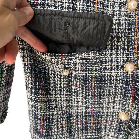 Fringed Plaid Jacket Boucle Women S Blue White Blazer Classic Professor Academia - Picture 6 of 16